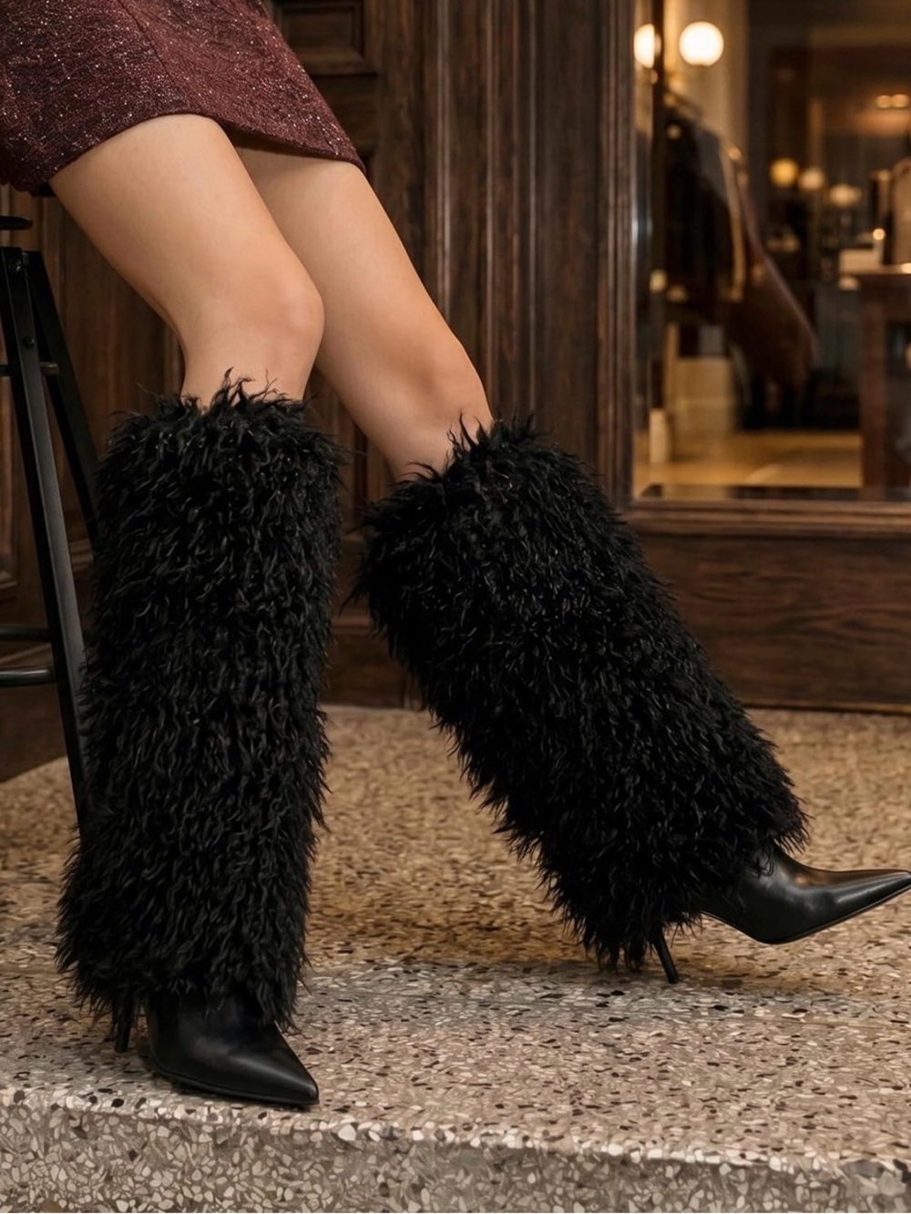 Black Faux Fur Knee-High Stiletto Boots - Women